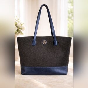 Tory Burch Black and Navy Wool Tote Bag